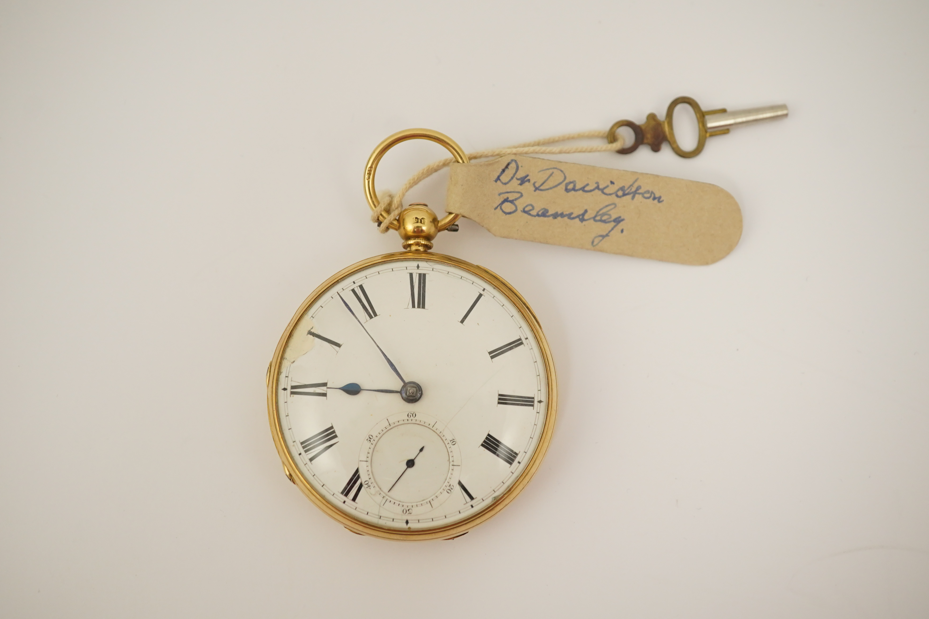 A Victorian engine turned 18ct gold open faced key wind pocket watch